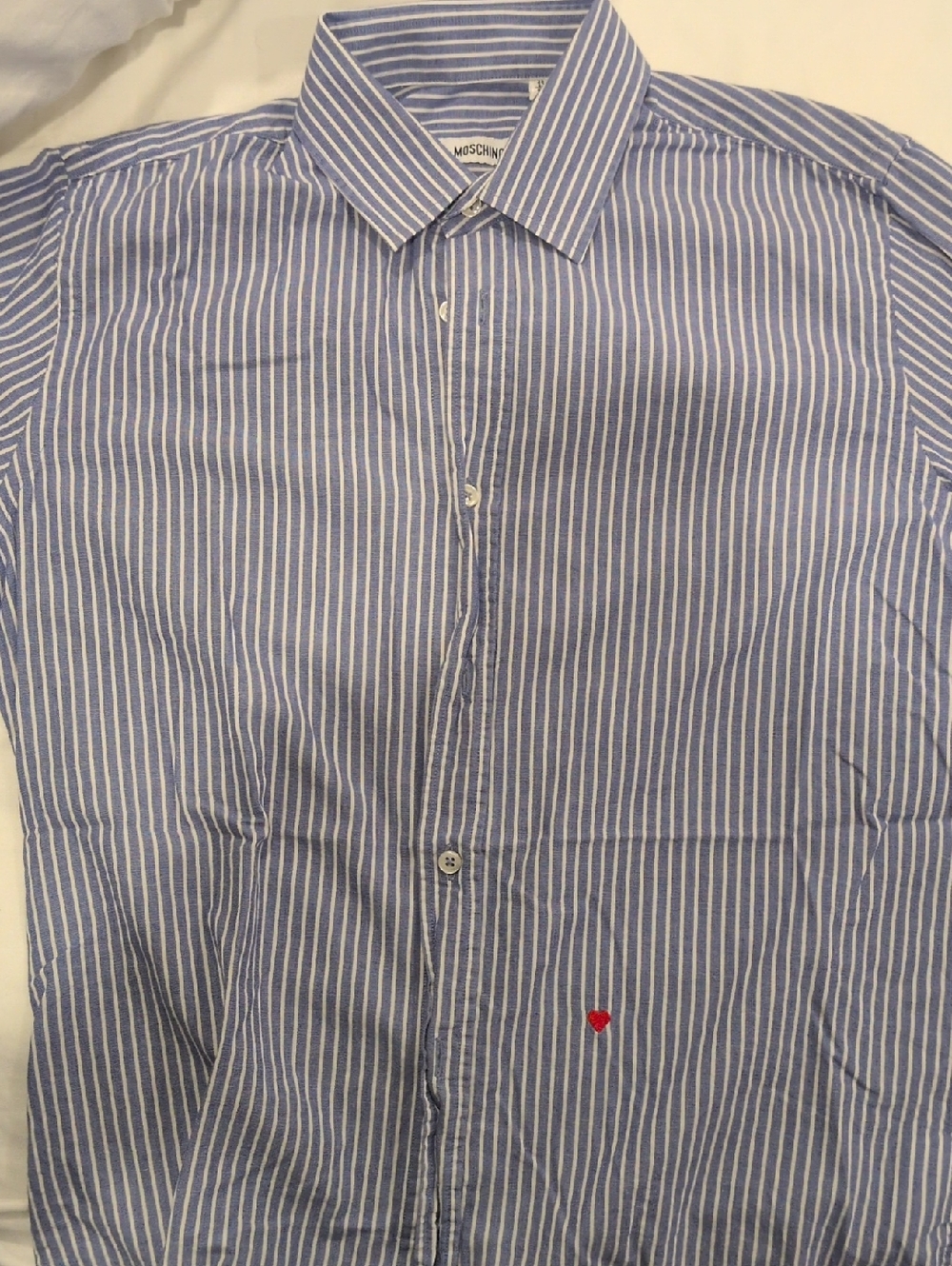 Moschino Blue and White Striped Dress Shirt with Red Heart Accent